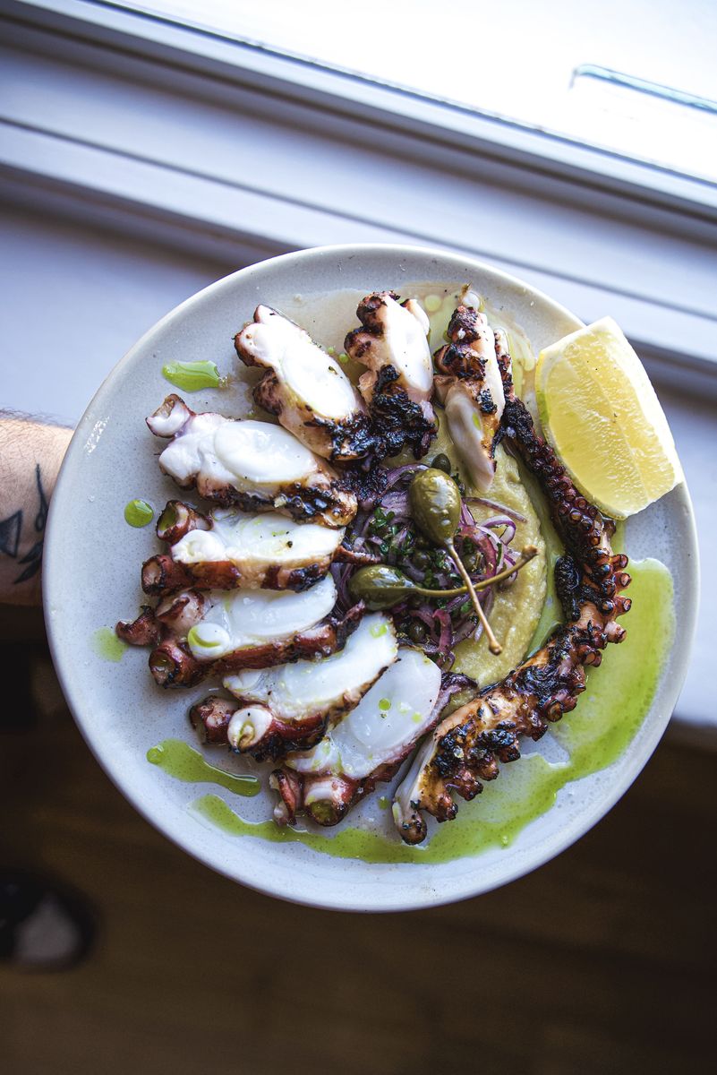 Chargrilled octopus on fava with lemon at OPA Echuca