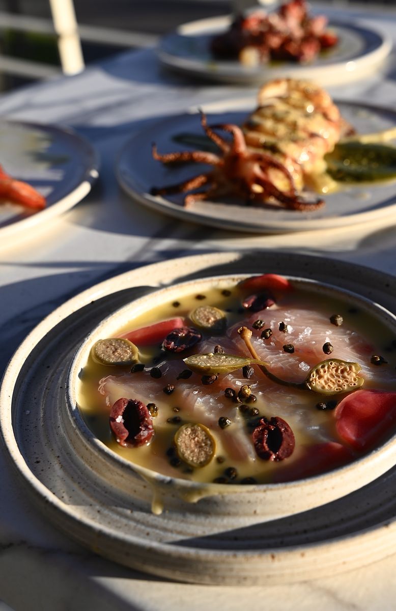 Fish crudo with olives and caperberries at OPA Echuca
